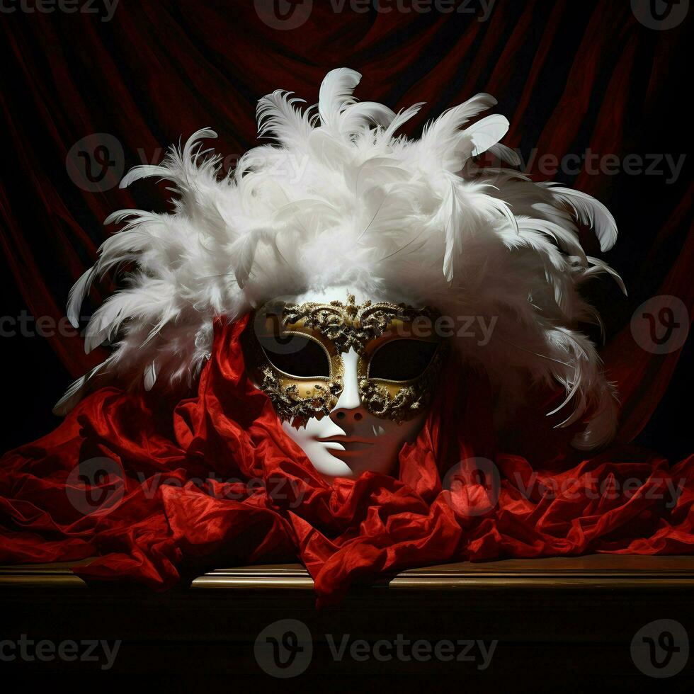 AI generated Realistic luxury mardi gras mask with red and white feathers happy Mardi Gras gay photo