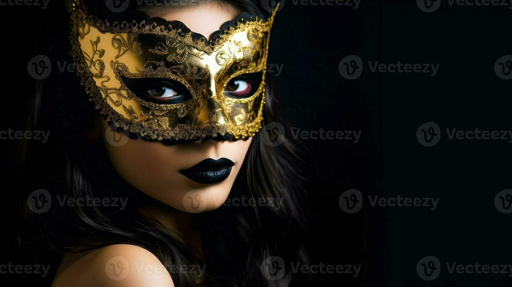 AI generated Beautiful mysterious woman face behind ornate mask for mardi gras party night photo