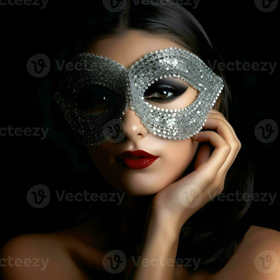 AI generated Young lovely woman closeup portrait with face mask for mardi gras event isolated black background photo