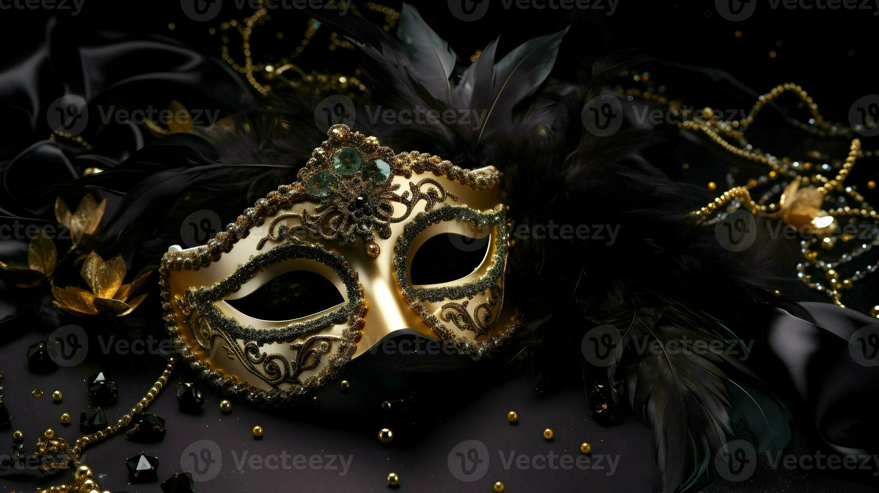 AI generated Mardi Gras background golden feather mask for happy Mardi Gras day isolated dark background photo