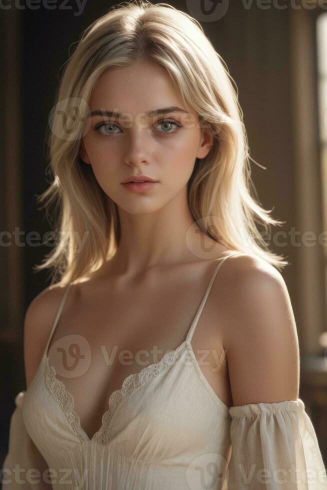 AI generated a beautiful blonde woman in a white dress photo