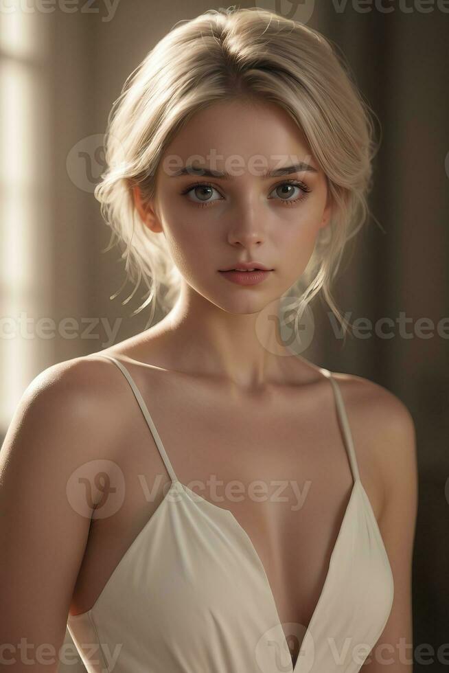 AI generated a beautiful blonde woman in a white dress photo