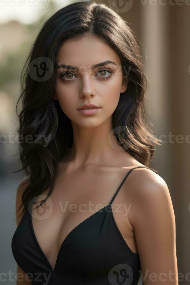 AI generated perfect beautiful brazilian woman wearing black dress photo