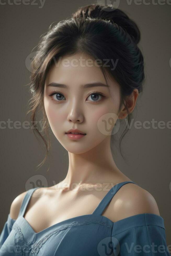 AI generated perfect beautiful korean woman wearing blue dress photo