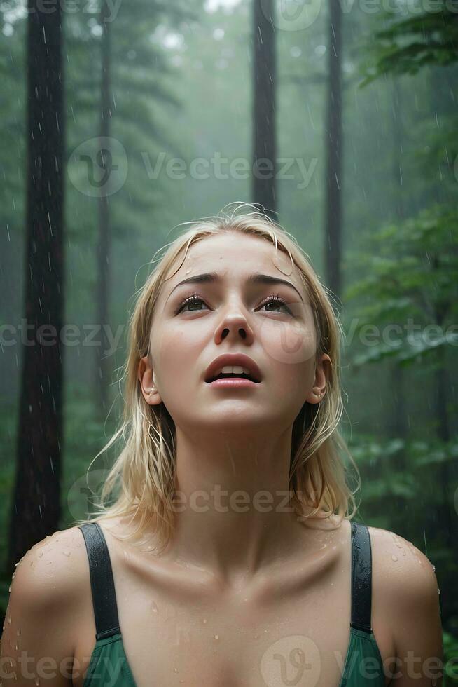 ai generado un mujer llorando en el lluvia mientras mirando arriba a el cielo mientras en el medio de el bosque foto