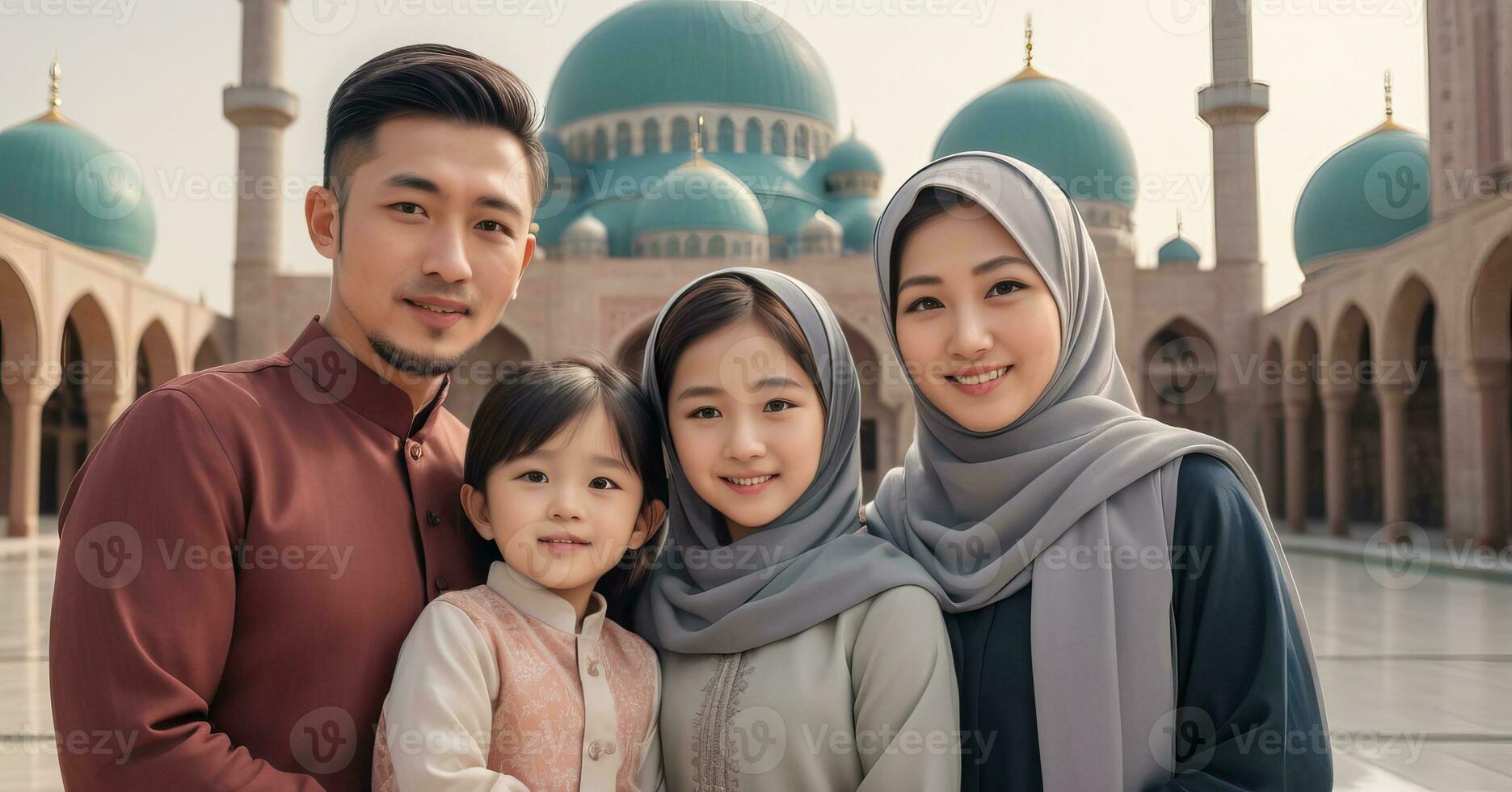 AI generated asian family in front of mosque photo