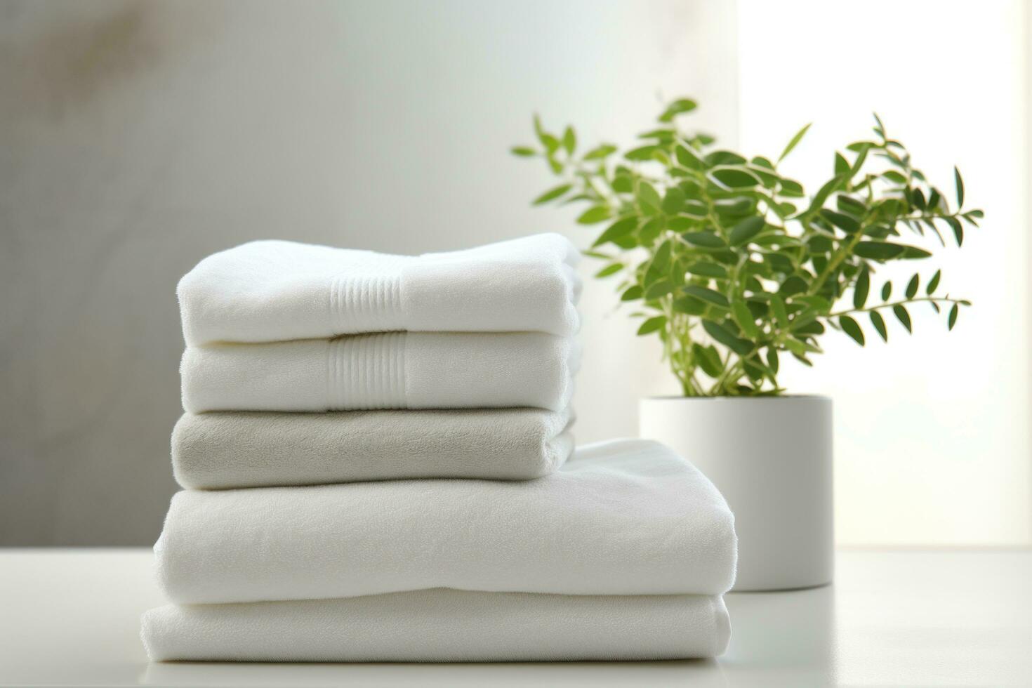 AI generated three white towel stacked next to a plant on a table photo