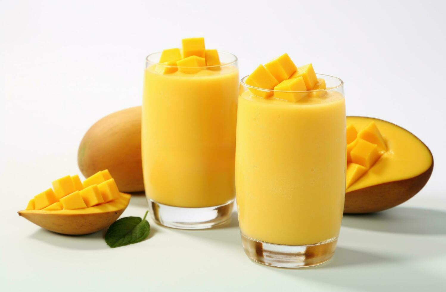 AI generated two glasses of mango juice next to pieces of mango on a wooden background photo