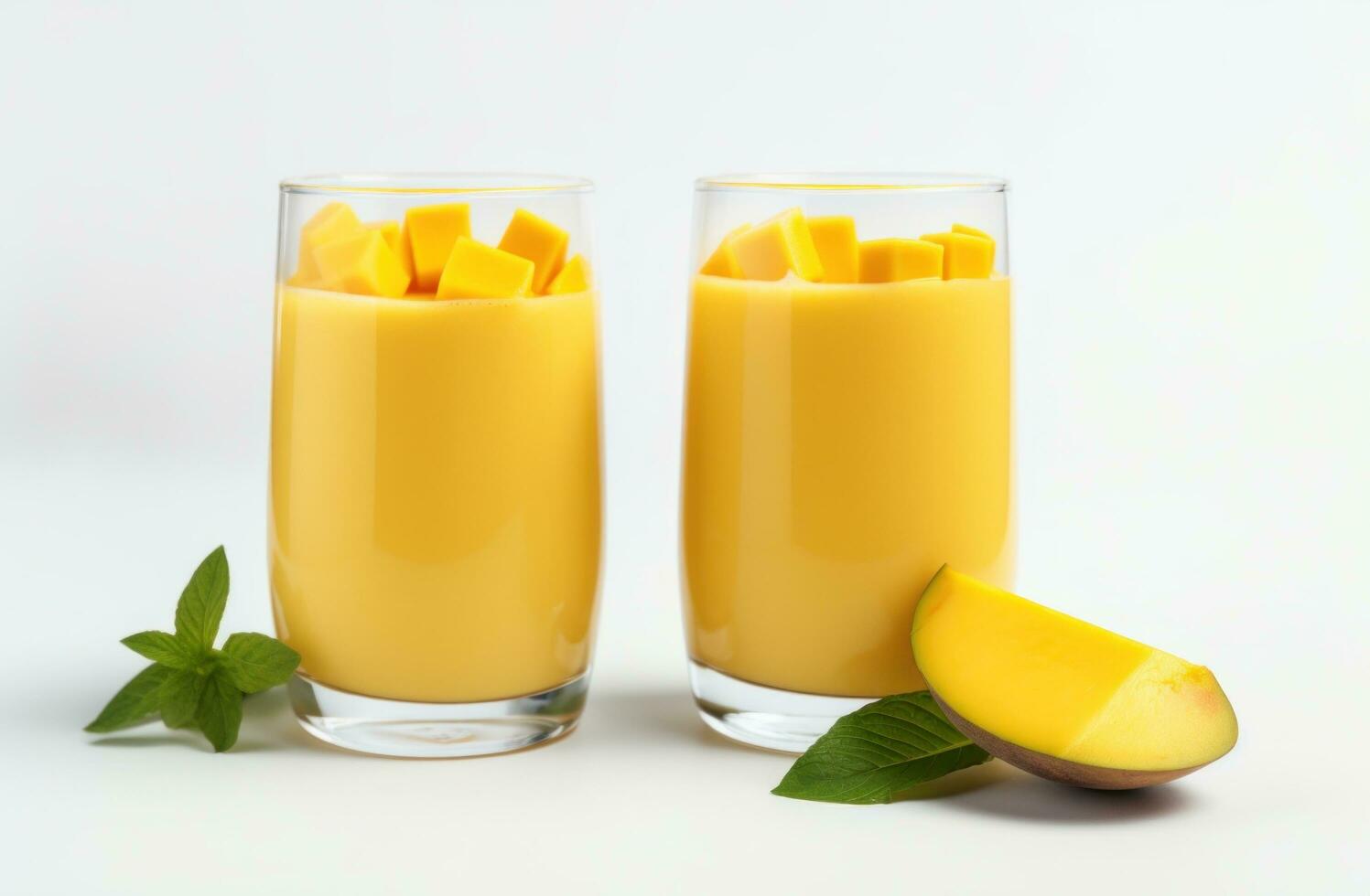 AI generated two glasses of mango juice next to pieces of mango on a wooden background photo