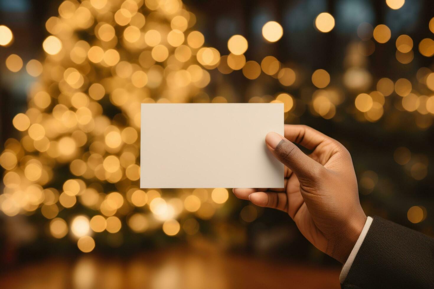 AI generated person holding paper with christmas lights background photo