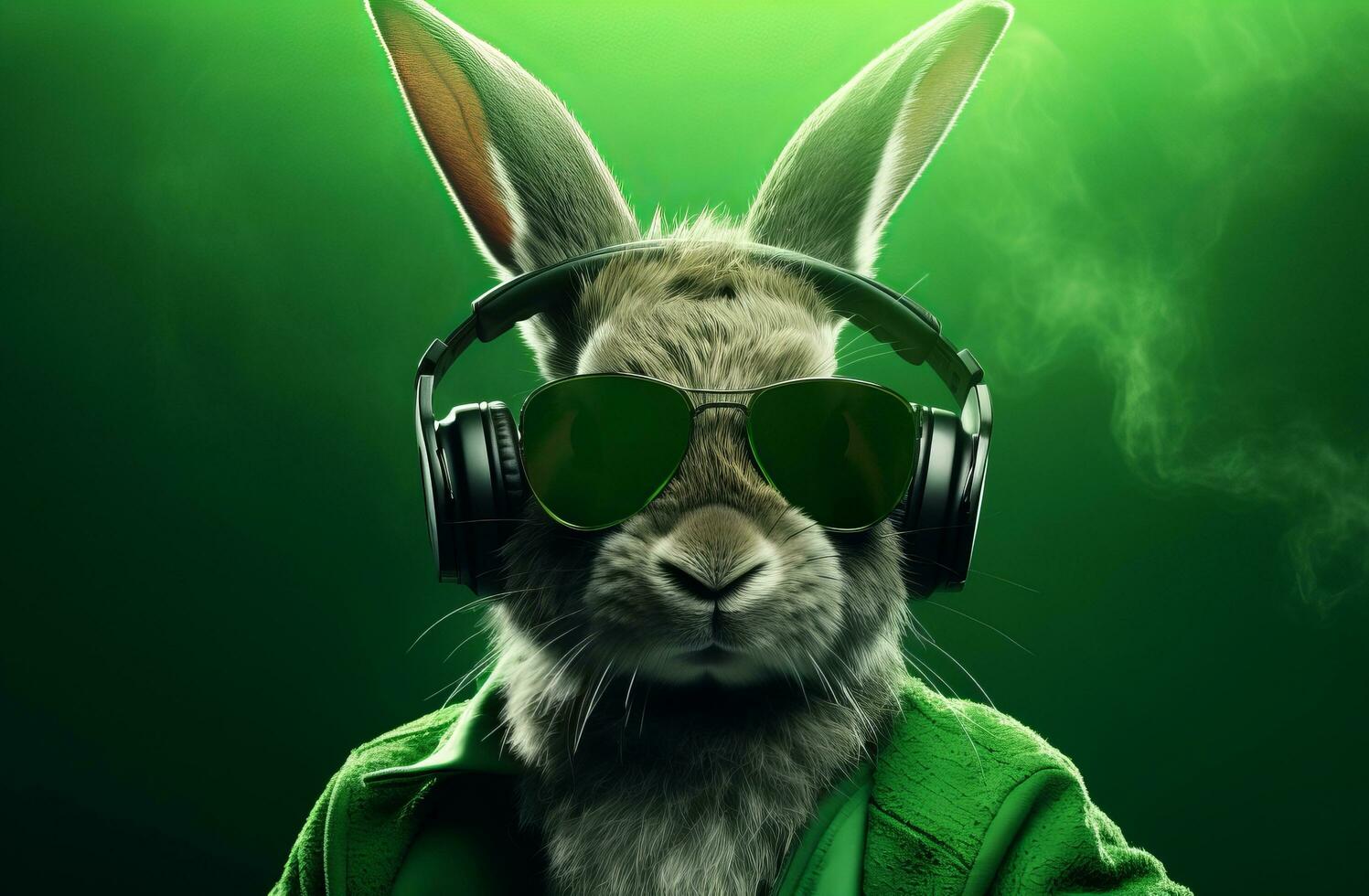 AI generated rabbit in headphones with glasses looking off into the distance photo
