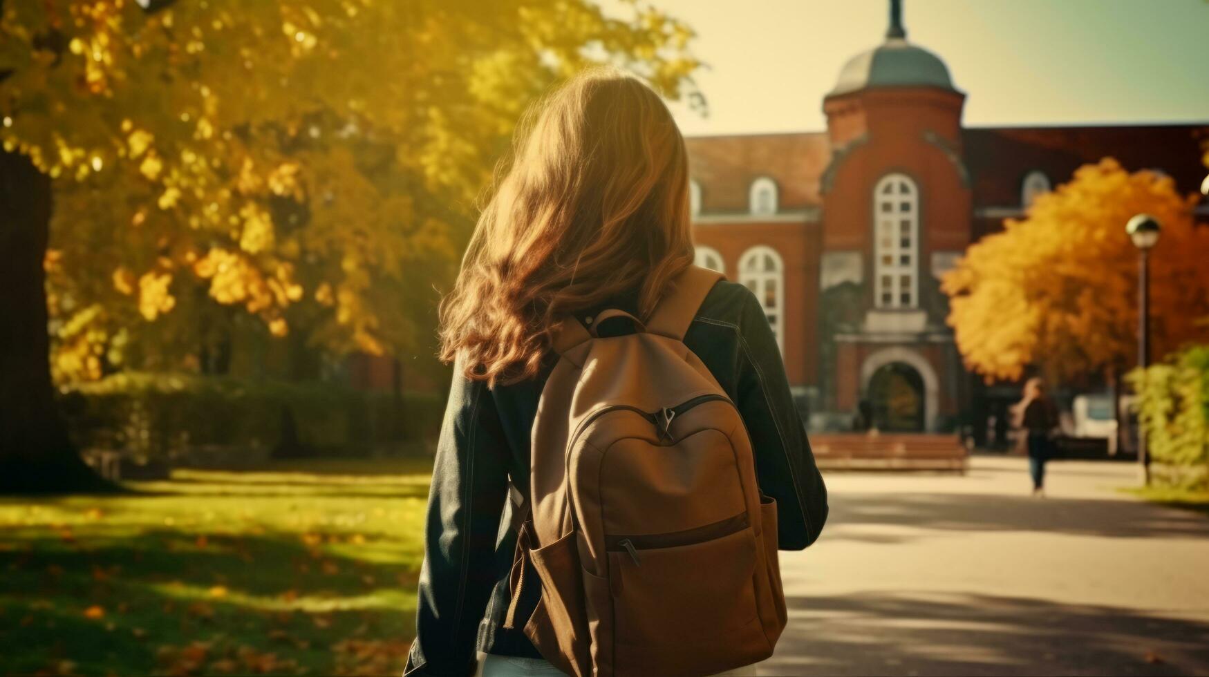 AI generated student woman walking away from school with her backpack photo