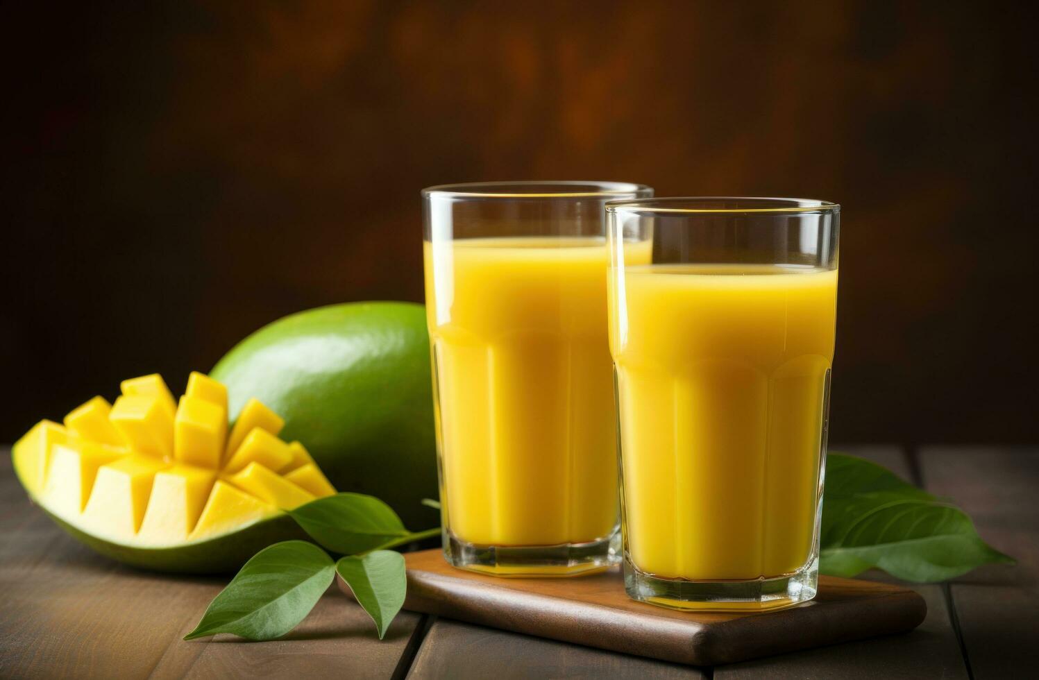 AI generated two glasses of mango juice next to pieces of mango on a wooden background photo