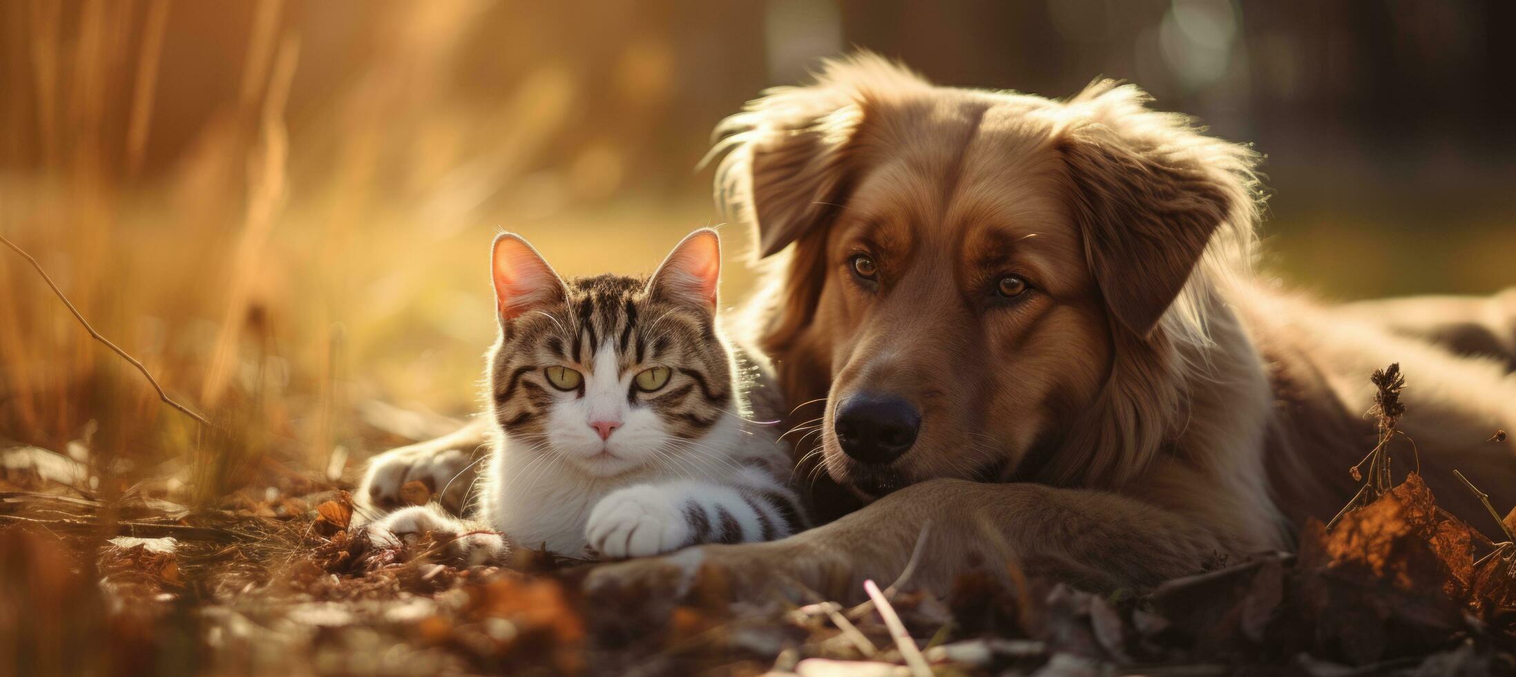 ai generado dos perros y gatos acostado juntos en el césped foto