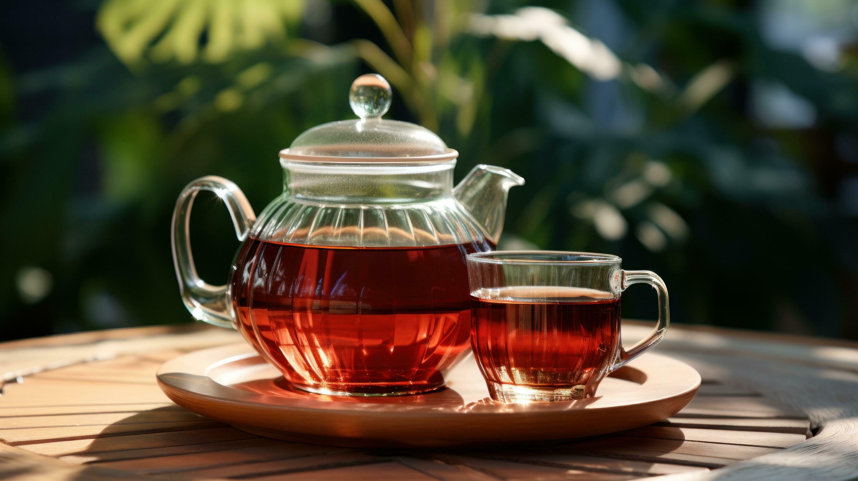 AI generated tea and coffee pot on a wooden table near greenery ... AI generated tea and coffee pot on a wooden table near greenery ...