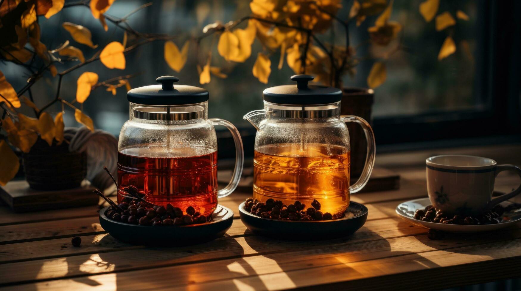 AI generated tea and coffee pot on a wooden table near greenery photo