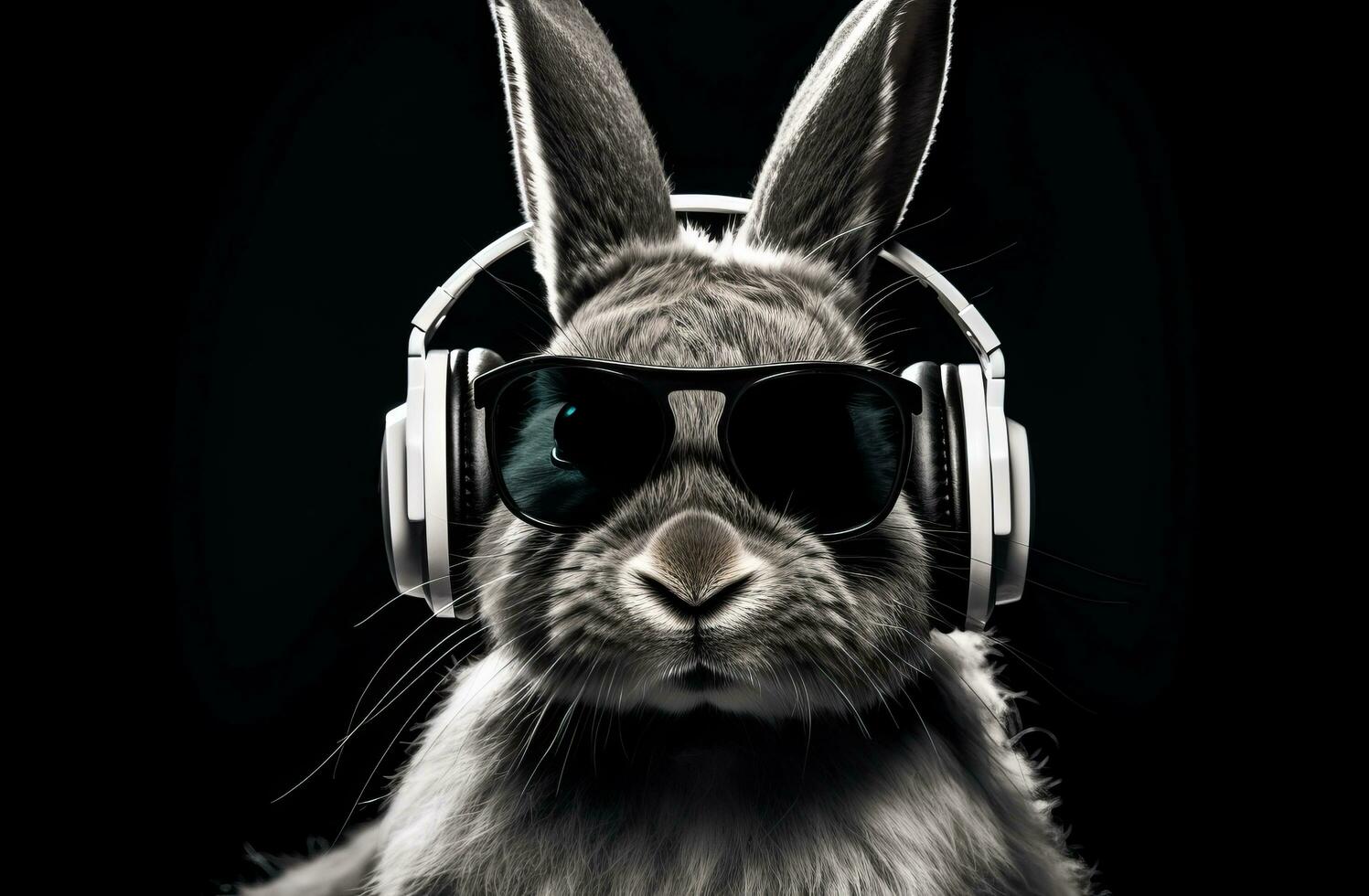 AI generated rabbit in headphones with glasses looking off into the distance photo