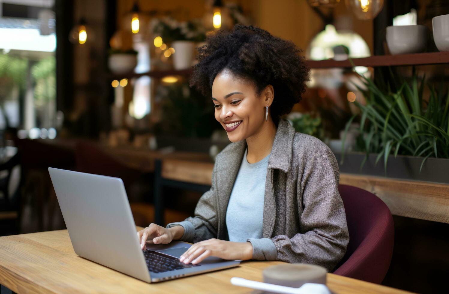 AI generated woman smiling at the laptop while working at a tabletop photo