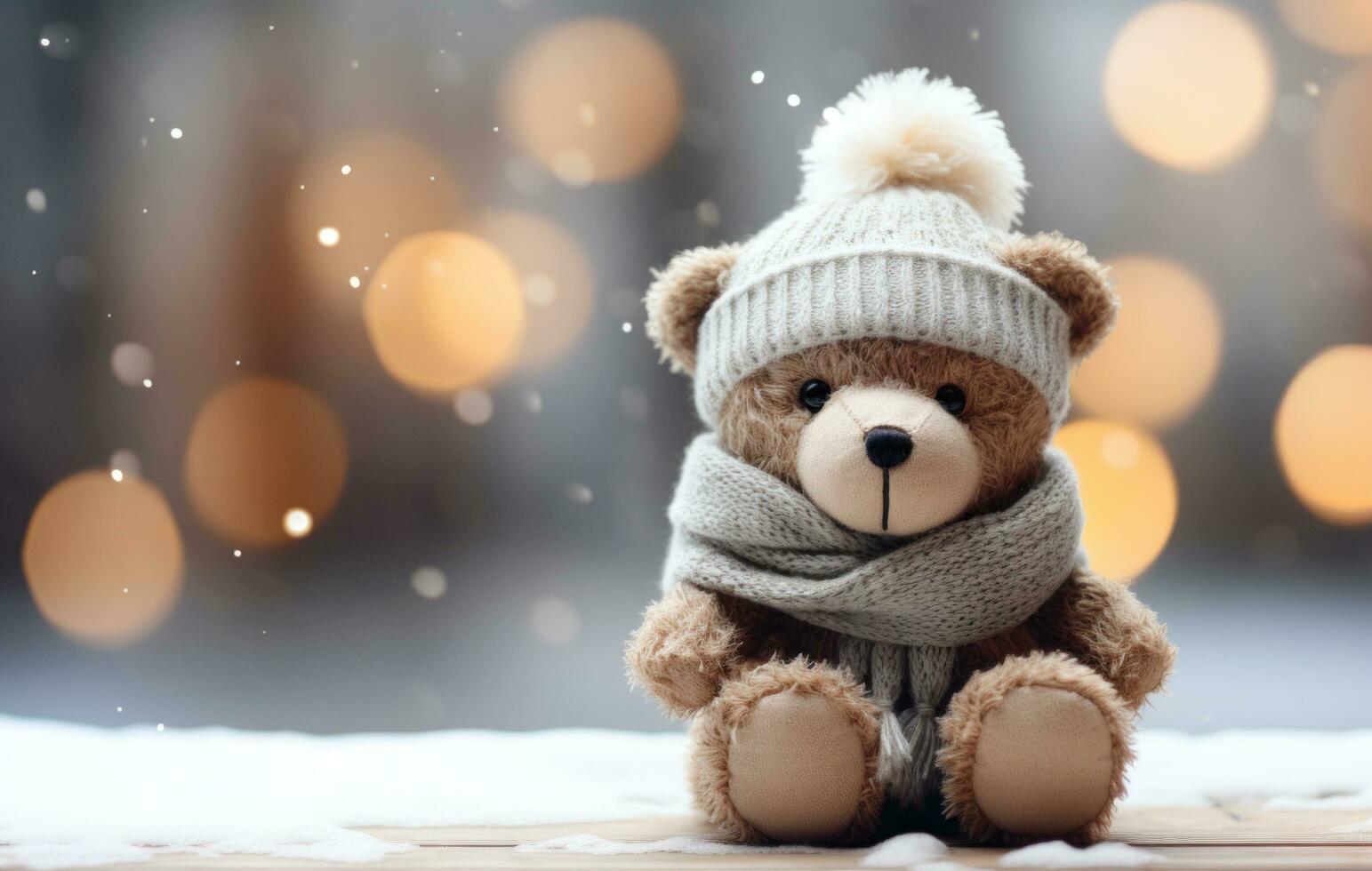 AI generated winter bear in scarf and hat photo