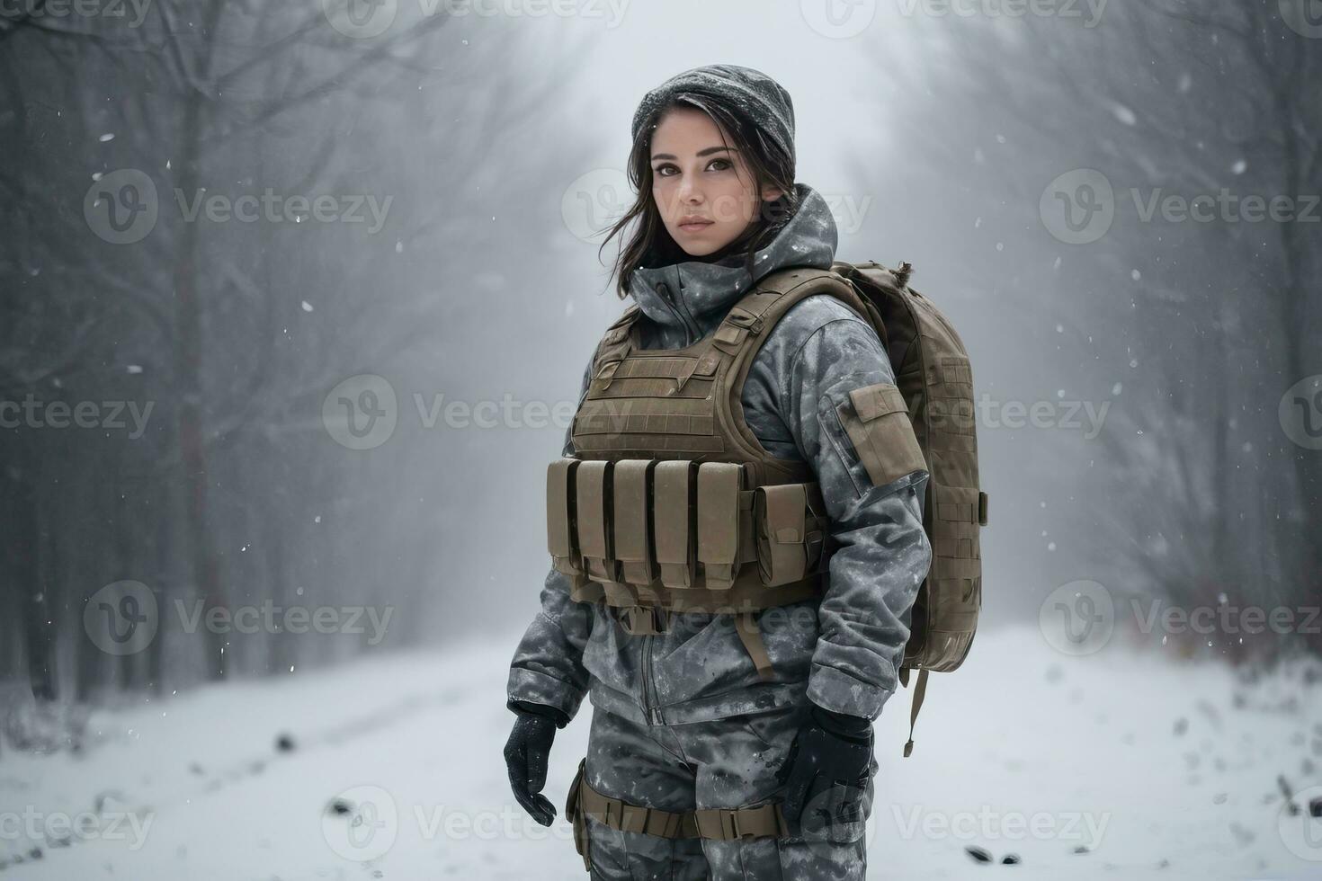 AI generated a woman in military gear standing in the snow photo