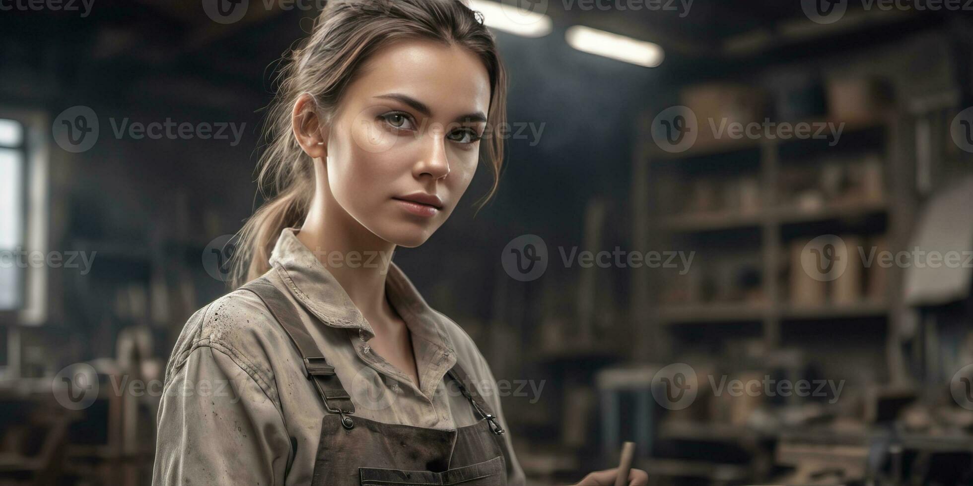 AI generated a beautiful sexy woman in overalls standing in a workshop photo