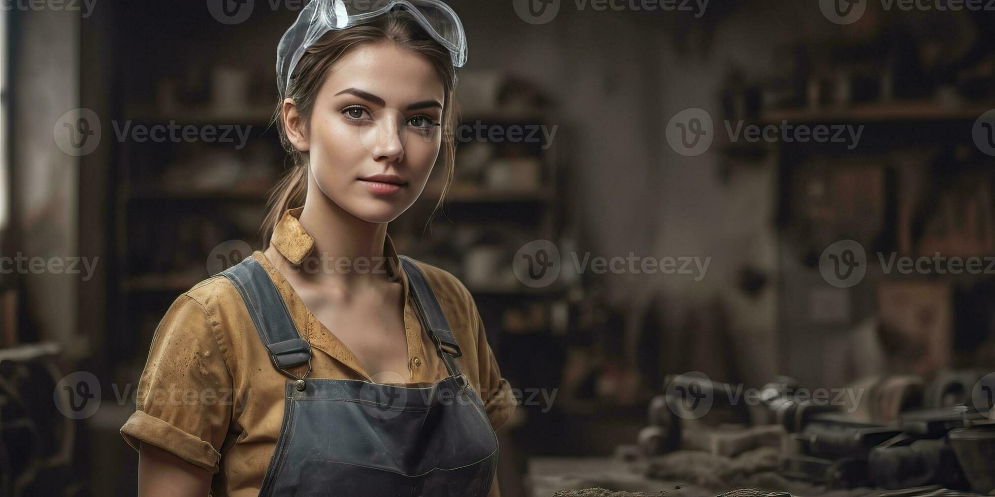 AI generated a beautiful sexy woman in overalls standing in a workshop photo