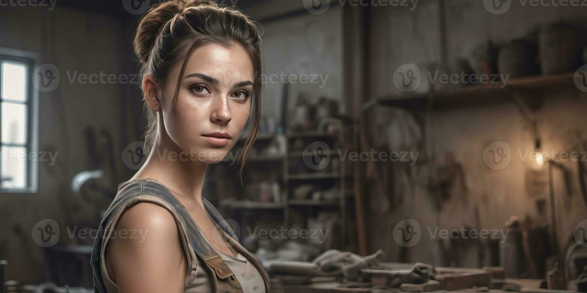 AI generated a beautiful sexy woman in overalls standing in a workshop photo