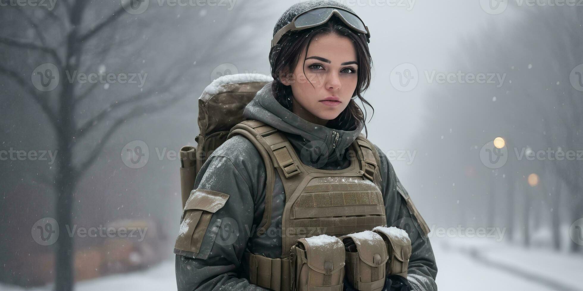 AI generated a woman in military gear standing in the snow photo