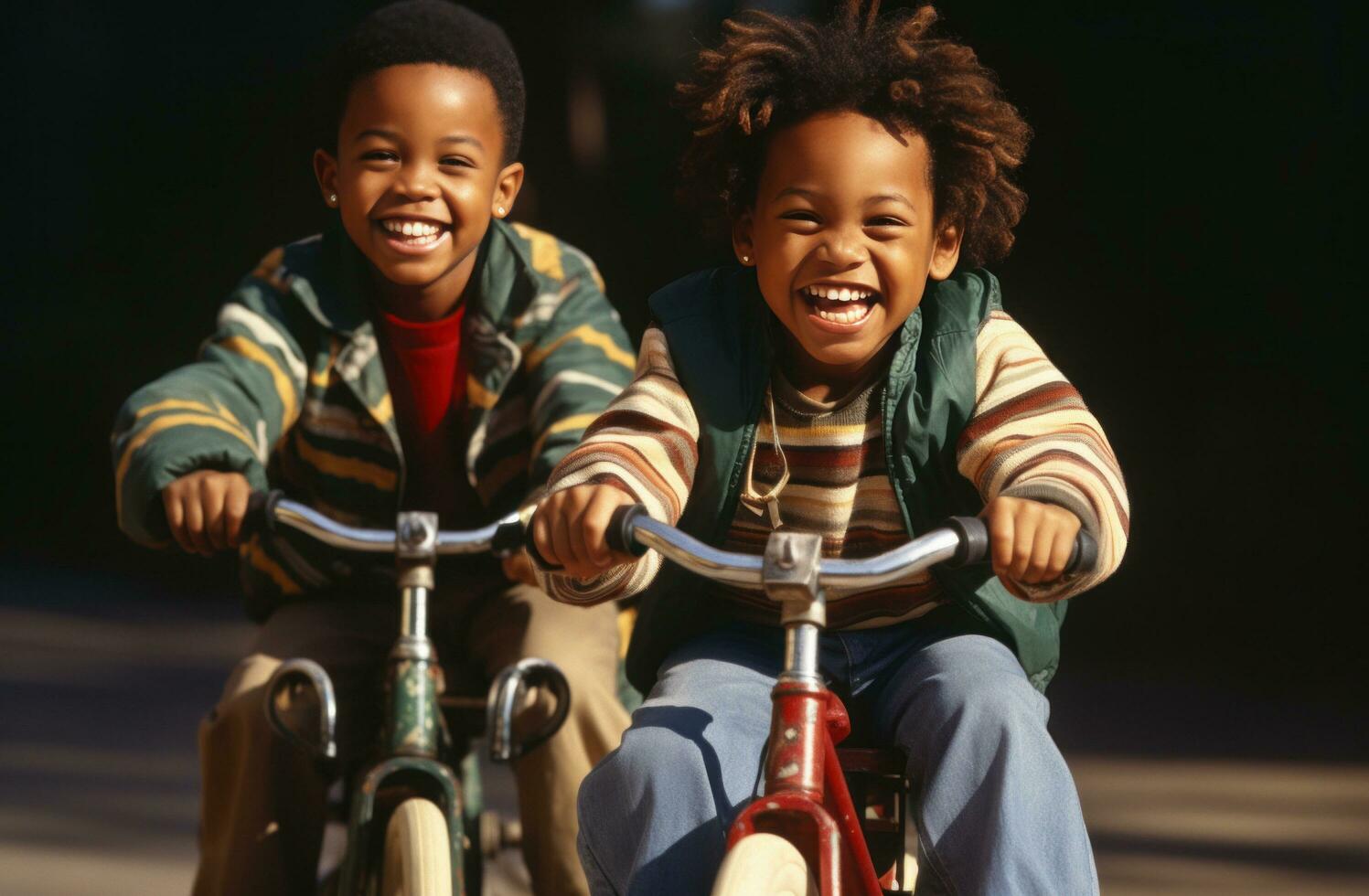 ai generado un afroamericano chico es montando un rojo triciclo foto