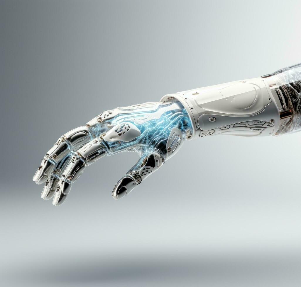 AI generated an artificial intelligence device holds its arm for the human hand photo