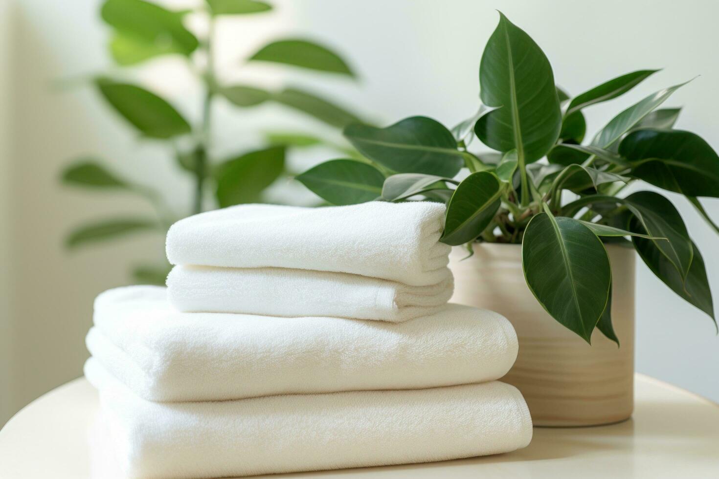 AI generated three white towel stacked next to a plant on a table photo