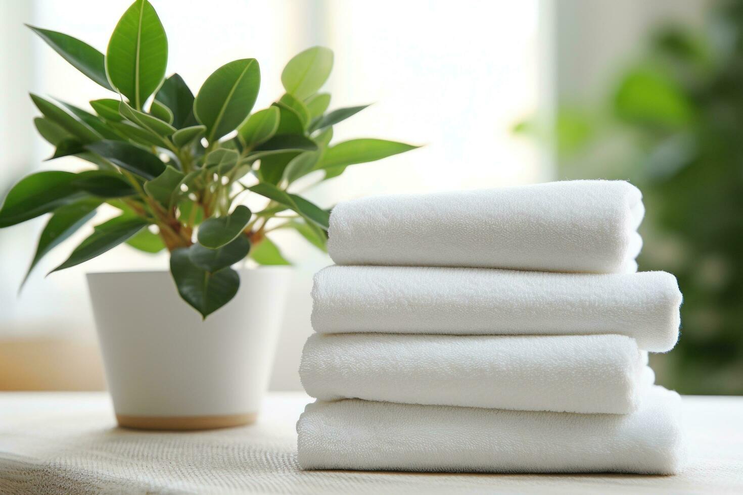 AI generated three white towel stacked next to a plant on a table photo