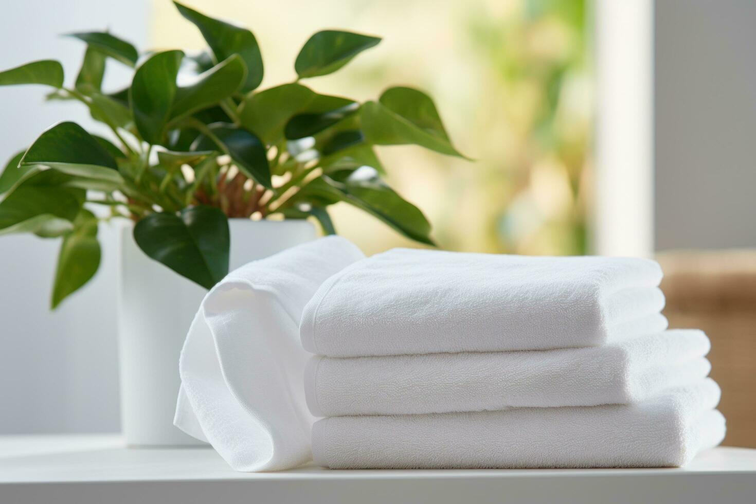 ai generado Tres blanco toalla apilado siguiente a un planta en un mesa foto