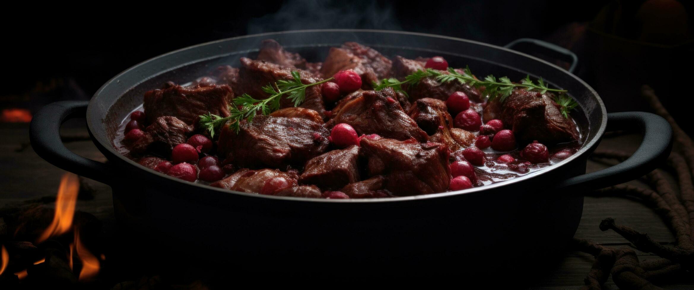 AI generated the stew of meat is on a black table photo