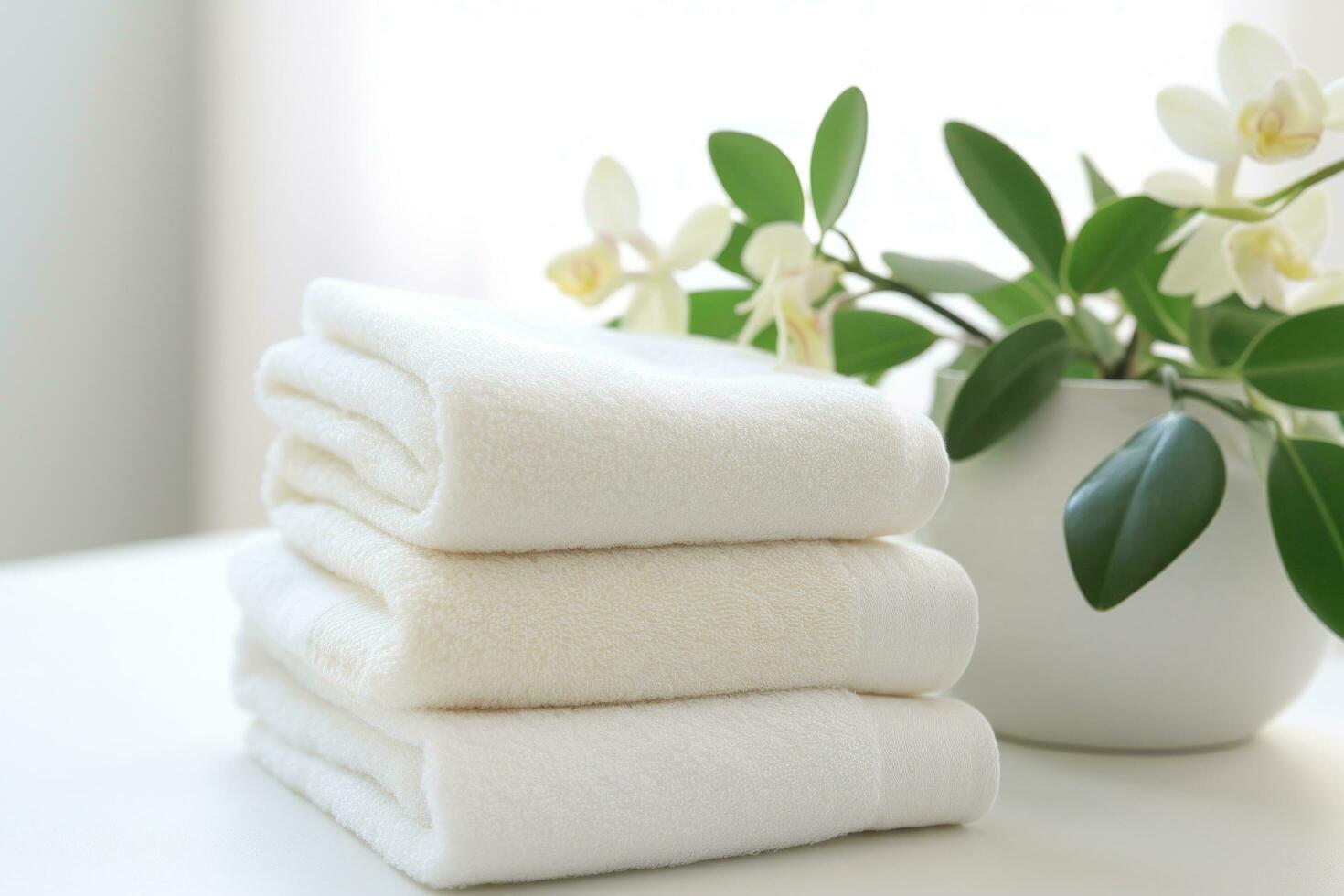 AI generated three white towel stacked next to a plant on a table photo