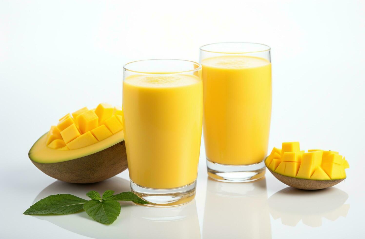 AI generated two glasses of mango juice next to pieces of mango on a wooden background photo