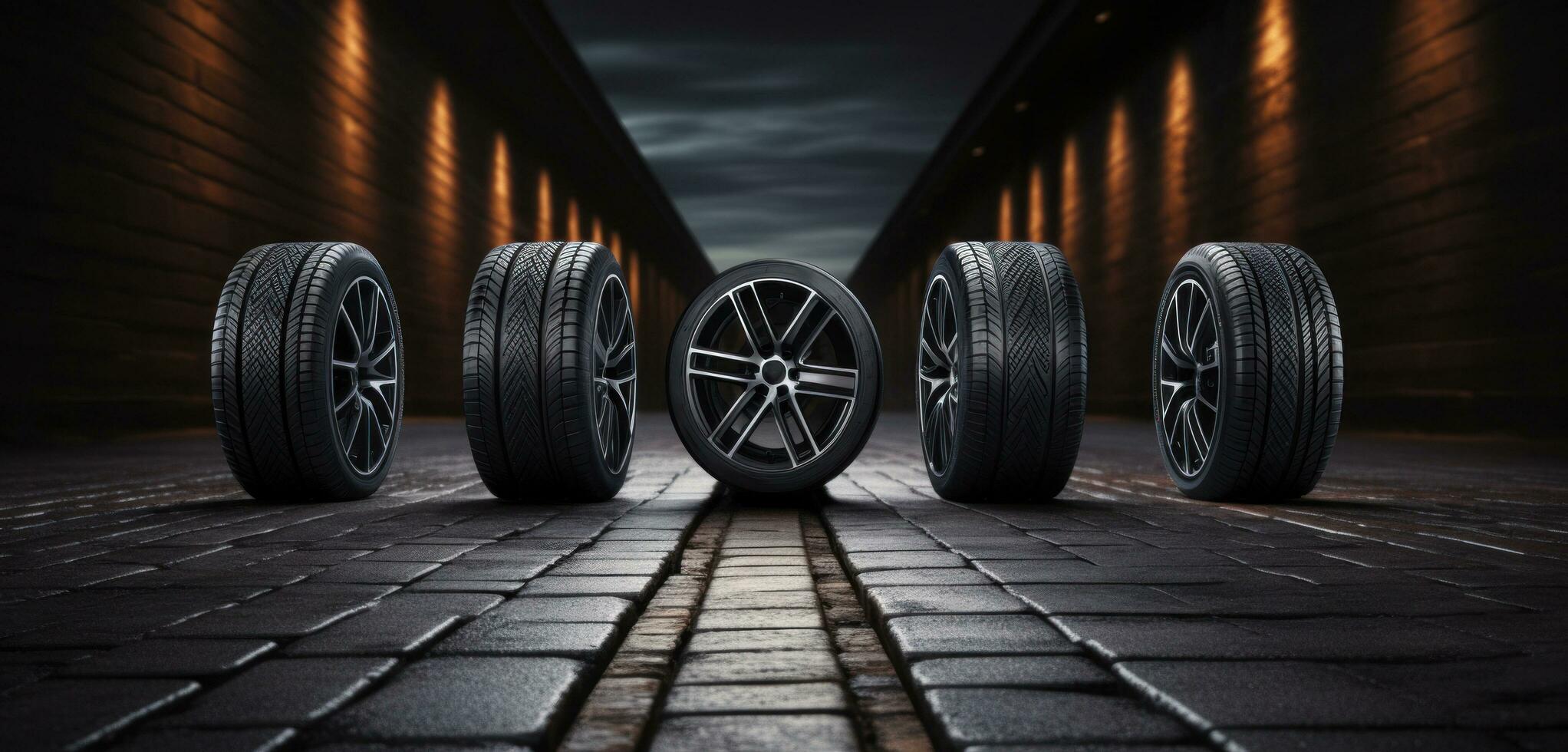 AI generated three tires facing each other on a dark road photo