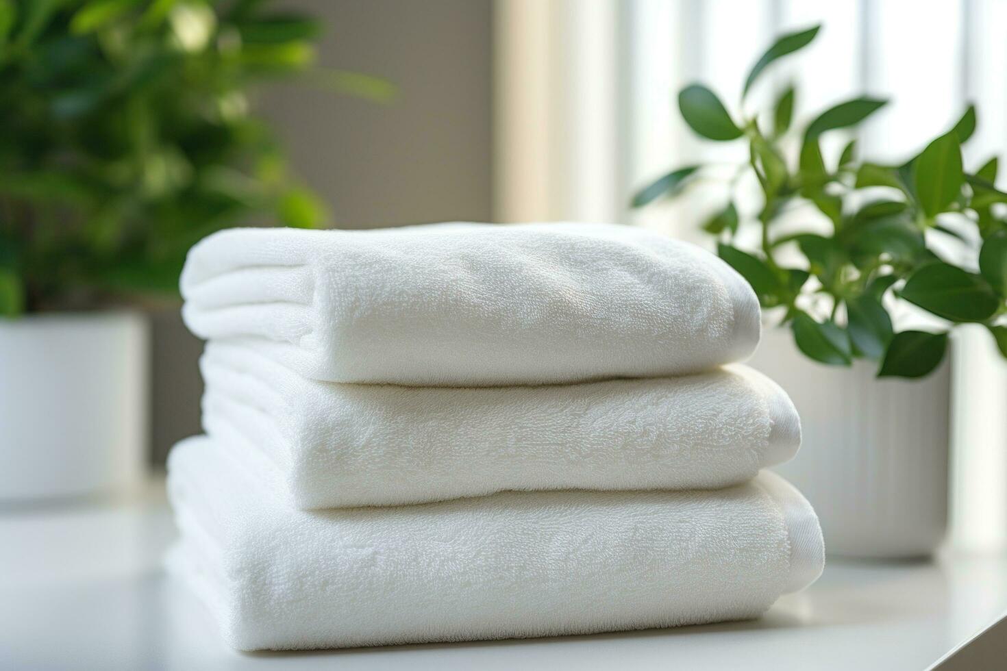 AI generated three white towel stacked next to a plant on a table photo