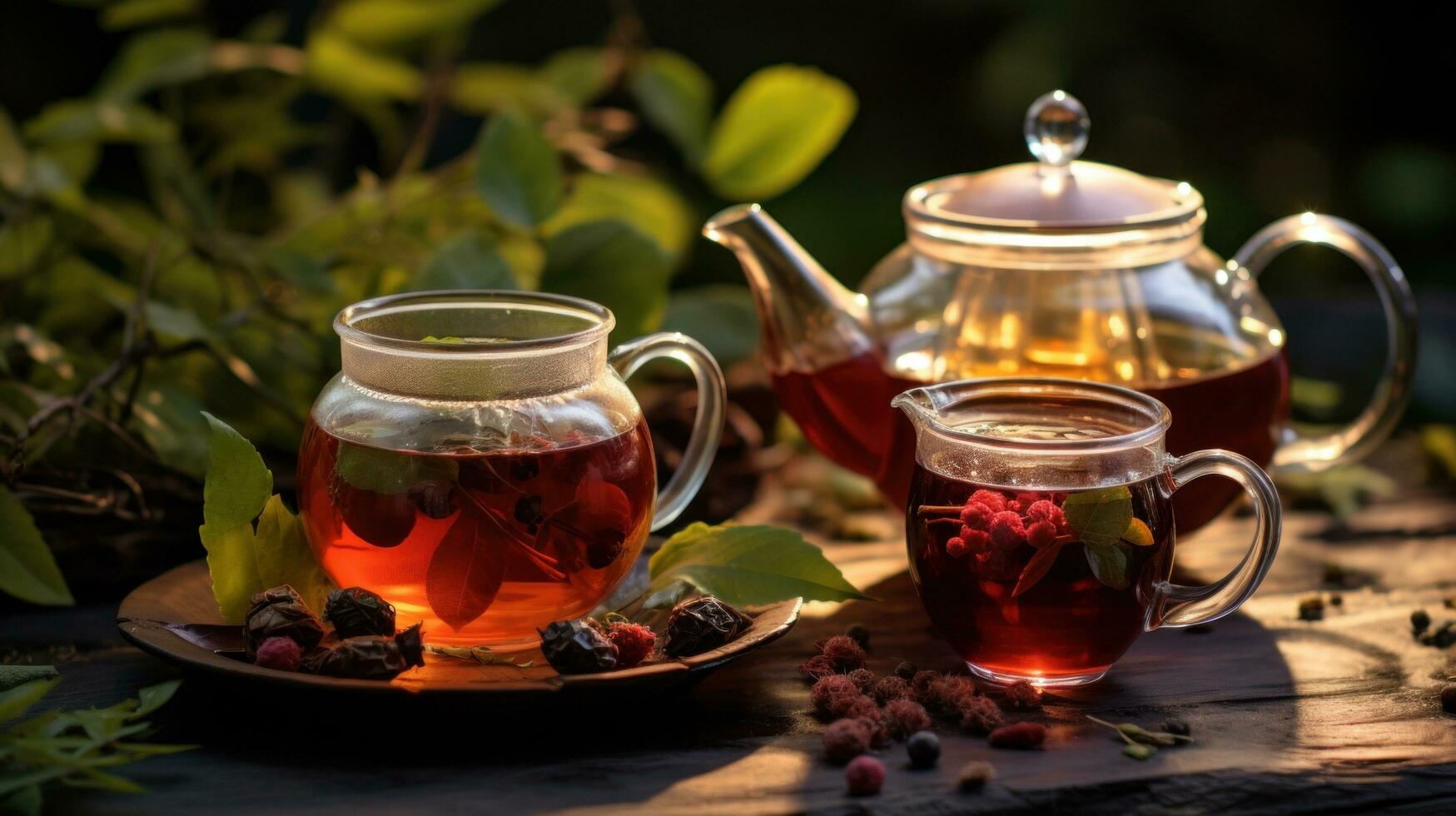 ai generado dos tazas de té con uno tetera y uno taza de té en el antecedentes foto