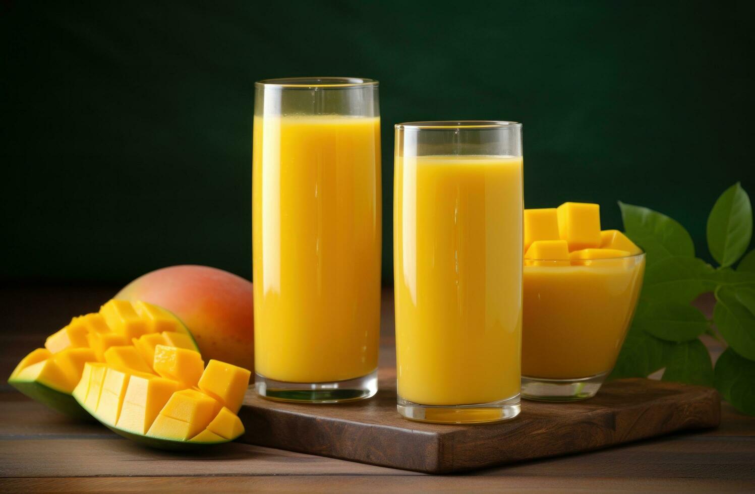 AI generated two glasses of mango juice next to pieces of mango on a wooden background photo