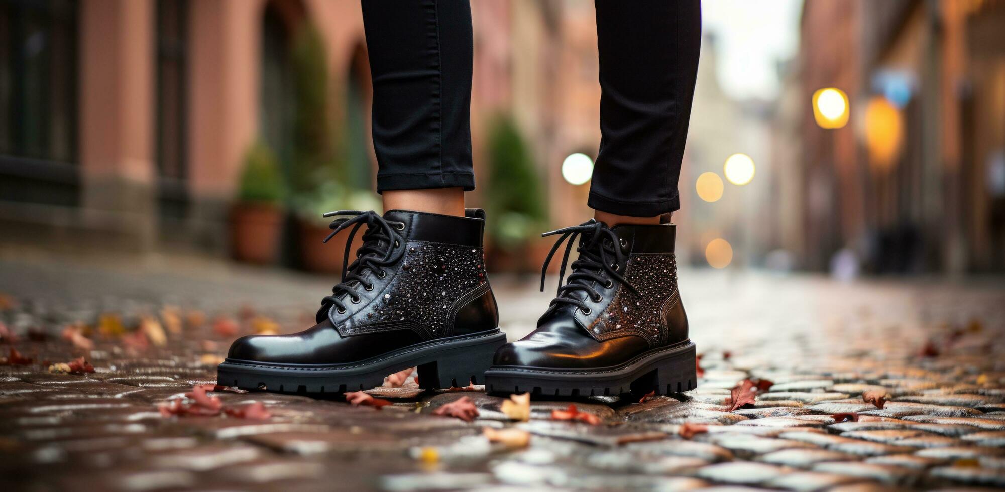 AI generated woman wearing black boots walking down cobbled street photo