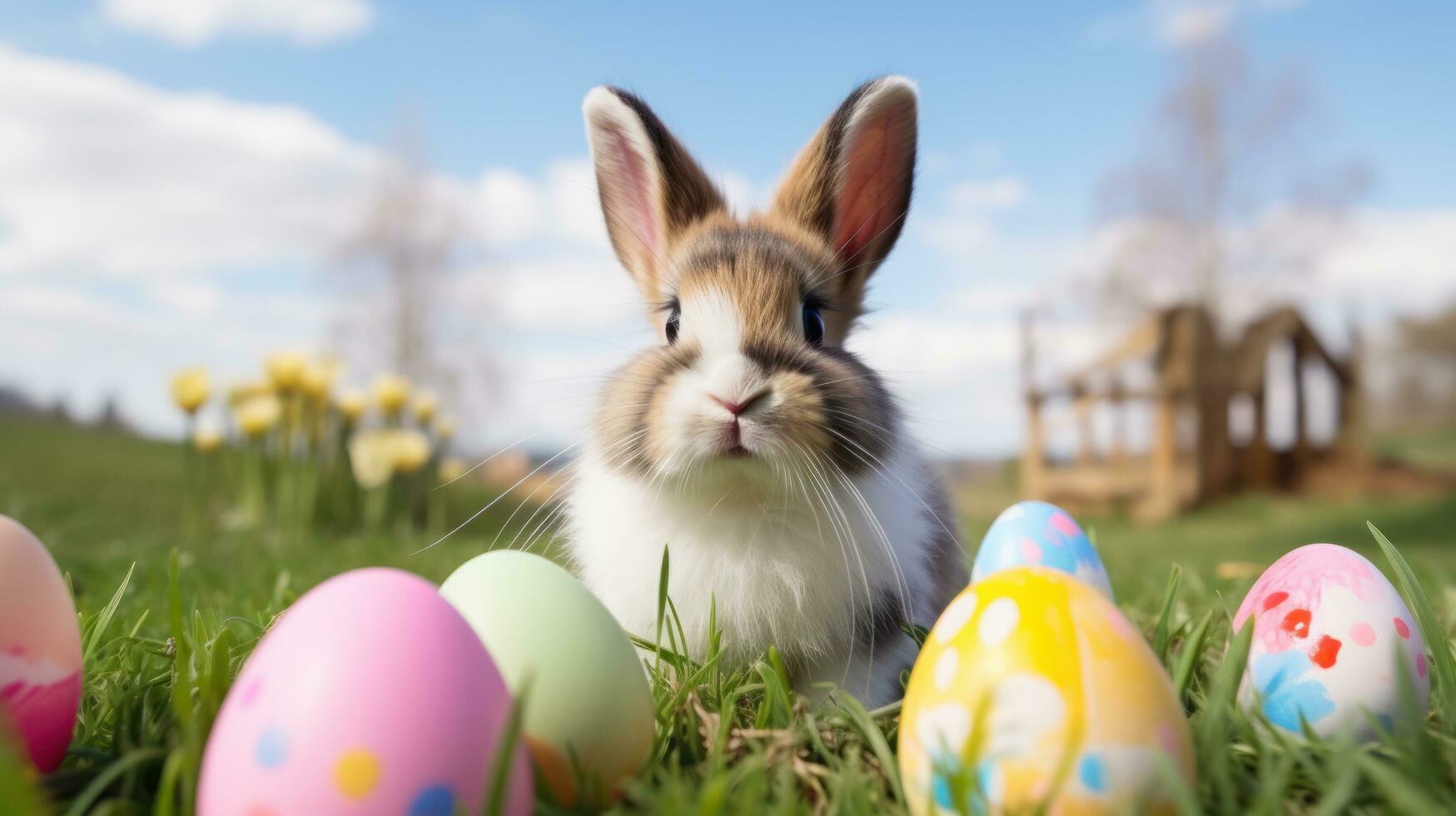 AI generated cute bunny with a pink bow sitting in a grassy field with colorful Easter eggs in the background photo