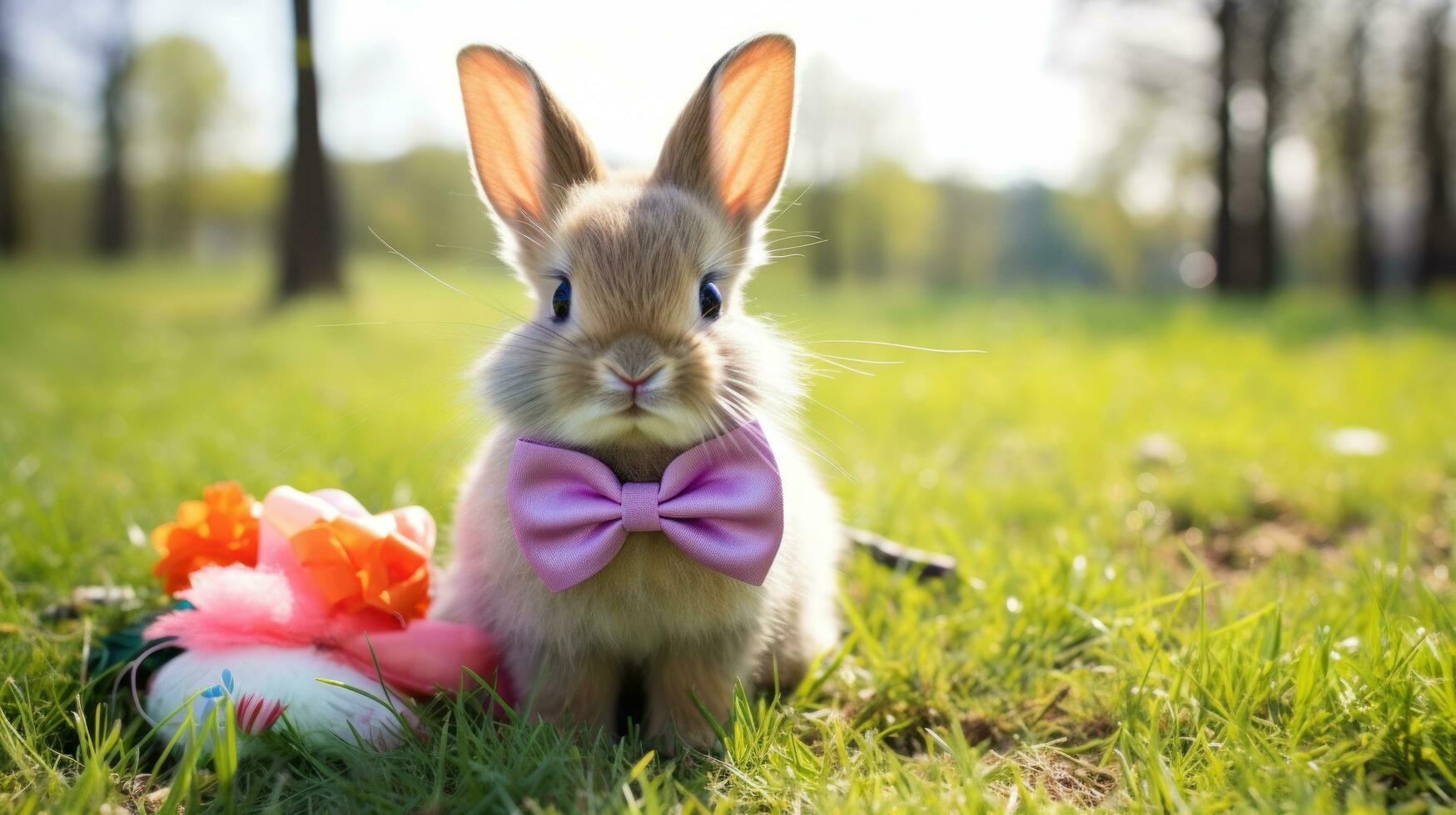 AI generated cute bunny with a pink bow sitting in a grassy field with colorful Easter eggs in the background photo