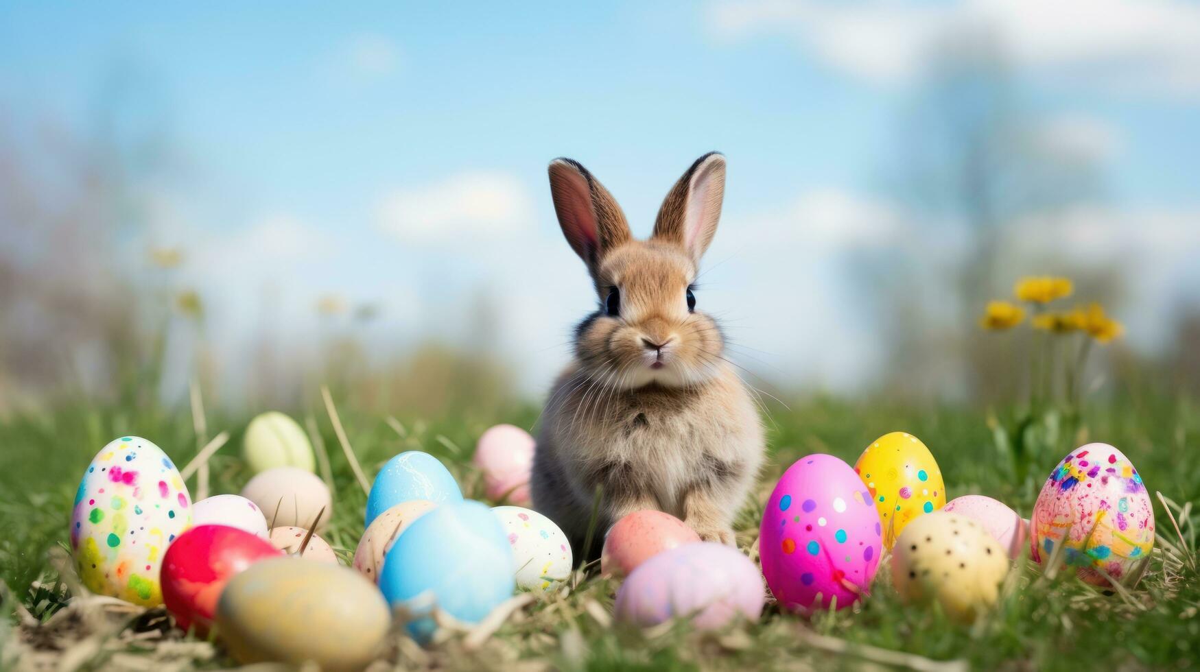 ai generado linda conejito con un rosado arco sentado en un herboso campo con vistoso Pascua de Resurrección huevos en el antecedentes foto