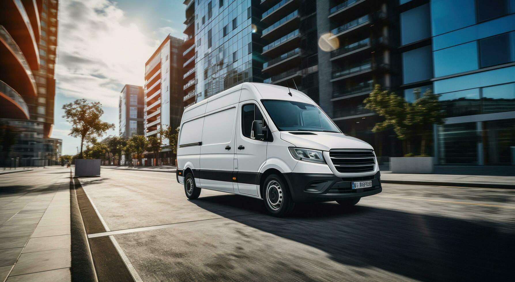 AI generated white van speeding down an urban road photo