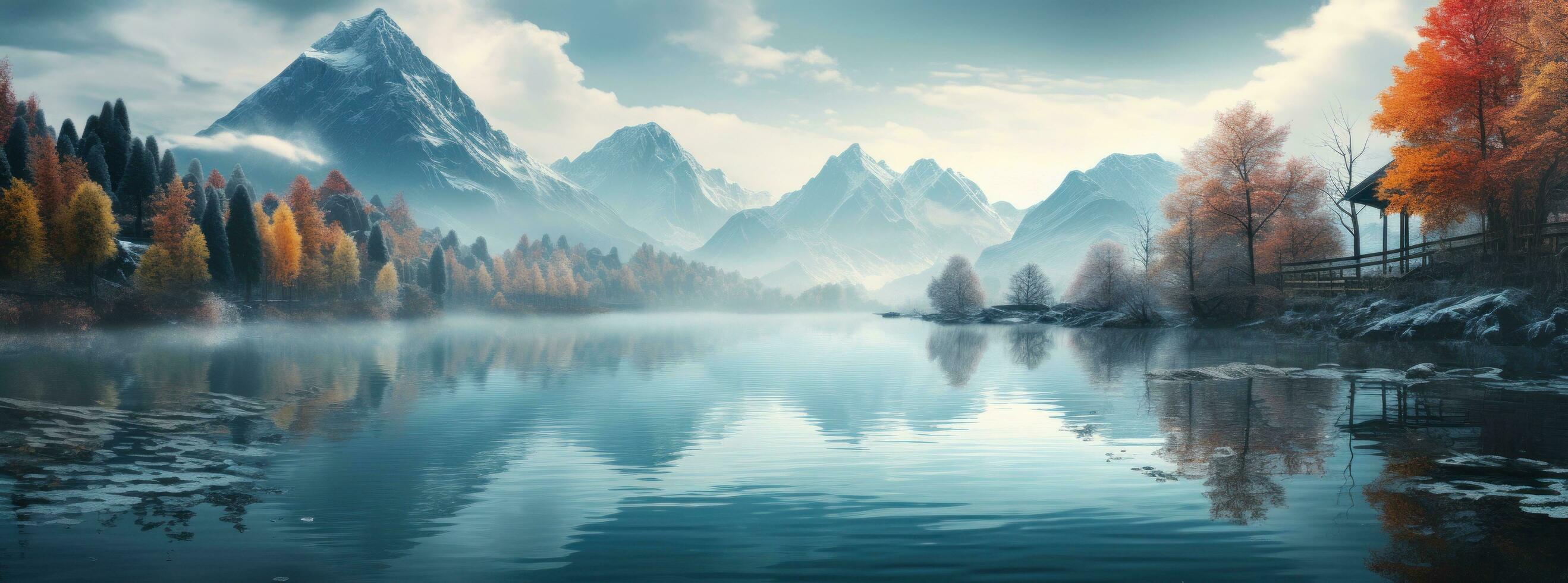 AI generated autumn trees laying on water in the distance photo