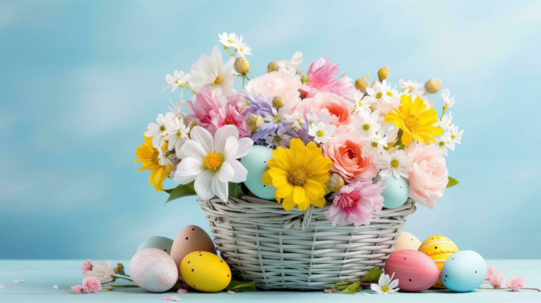 AI generated A colorful Easter basket overflowing with pastel eggs and spring flowers on a blue background photo