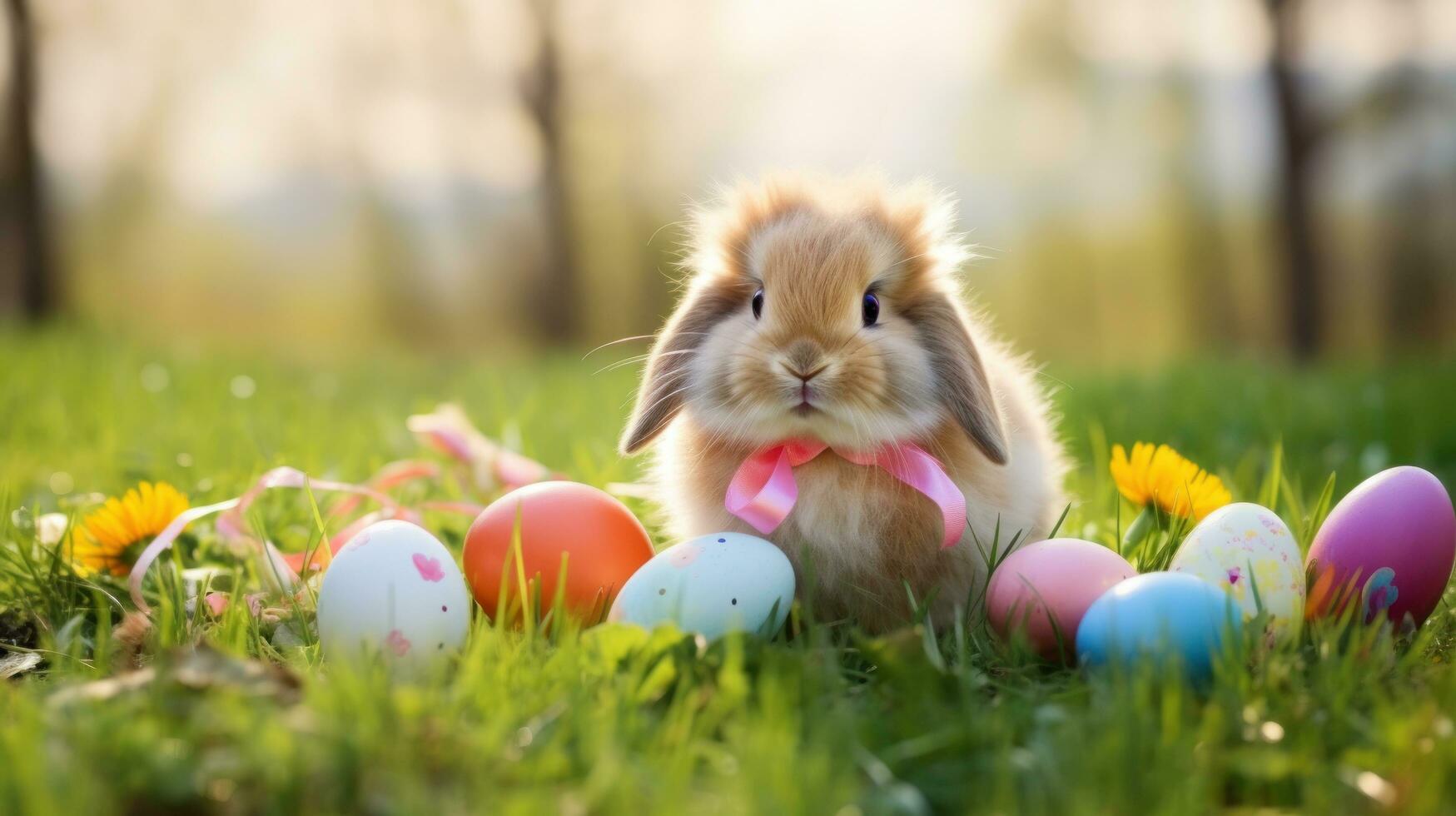 AI generated cute bunny with a pink bow sitting in a grassy field with colorful Easter eggs in the background photo