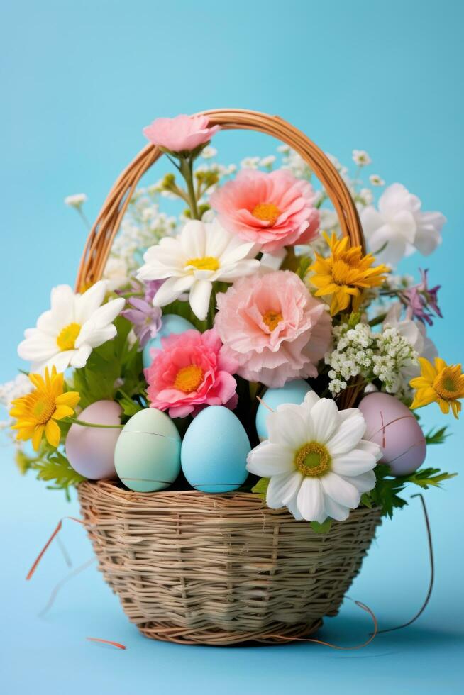 AI generated A colorful Easter basket overflowing with pastel eggs and spring flowers on a blue background photo