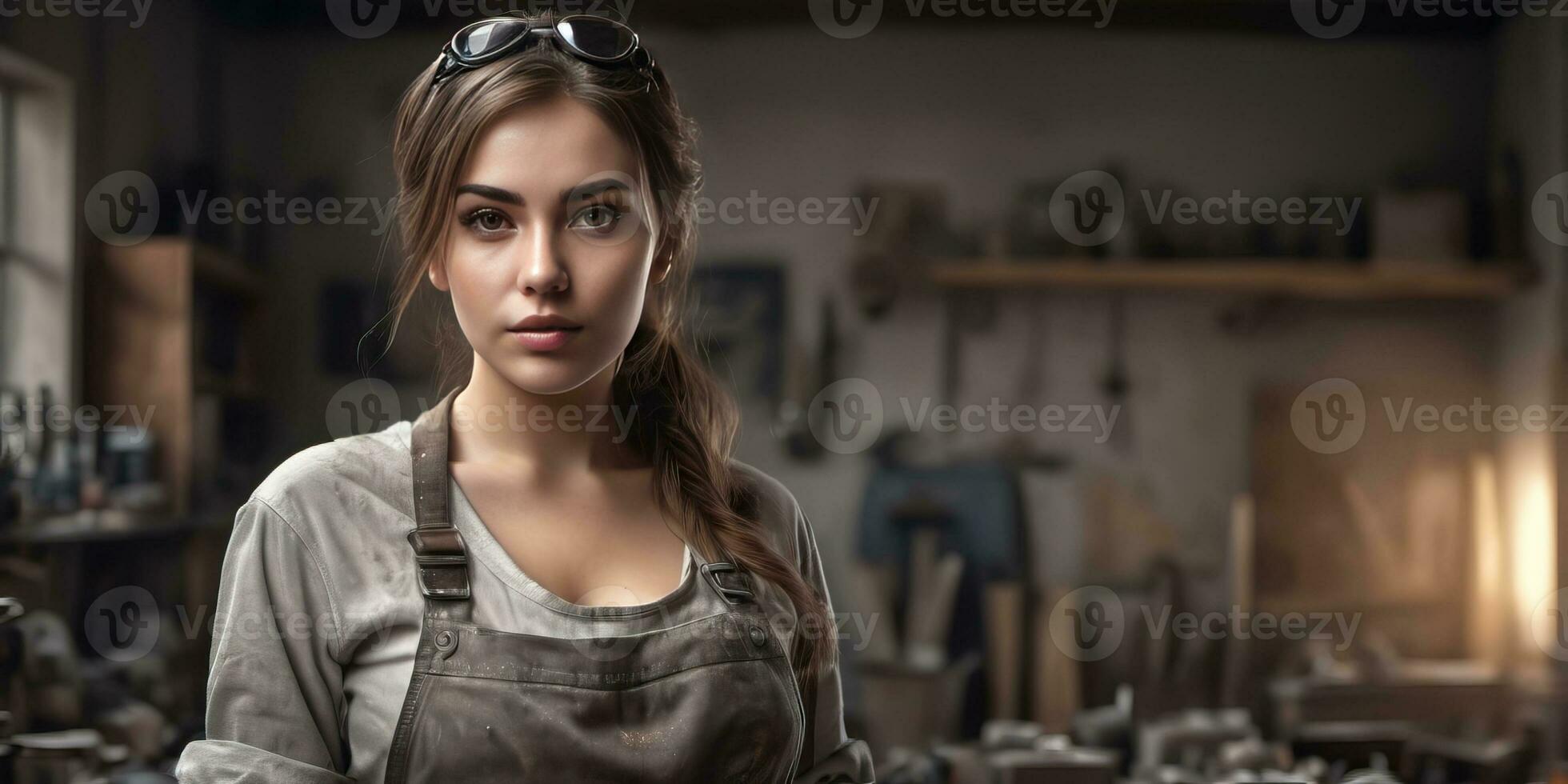 AI generated a beautiful sexy woman in overalls standing in a workshop photo